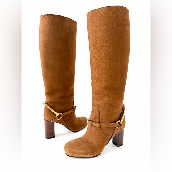 GUCCI | Vintage Brown Nubuck Horsebit Knee High Heel Boots Size 37 - Picture 2 of 16